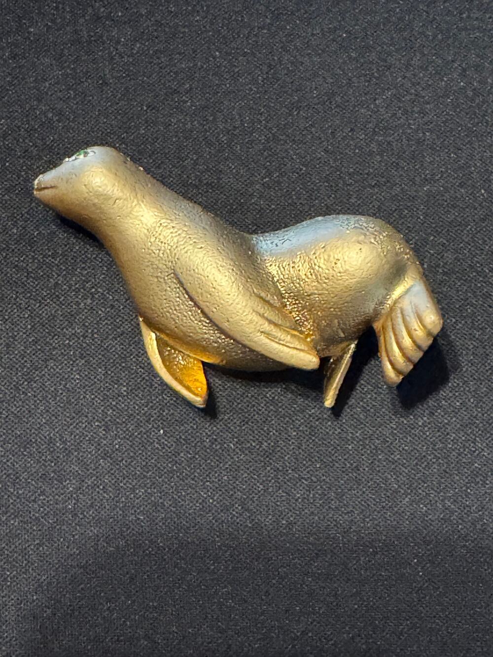 Vintage Gold Tone Seal Brooch Green Rhinestone Left Eye